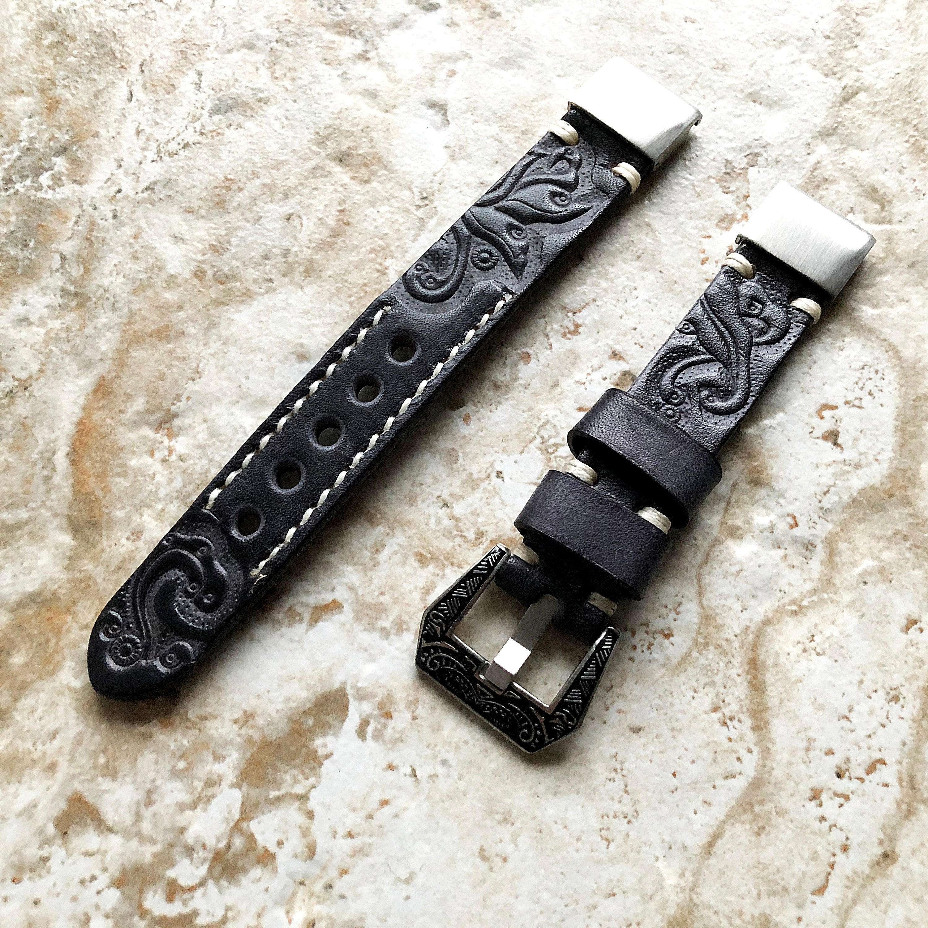 Garmin Black and Gray Band for fenix 8 43mm 7S Pro Solar Sapphire fenix 6S Pro Tooled Embossed Handmade Leather Quick Fit Watch Strap A20B18